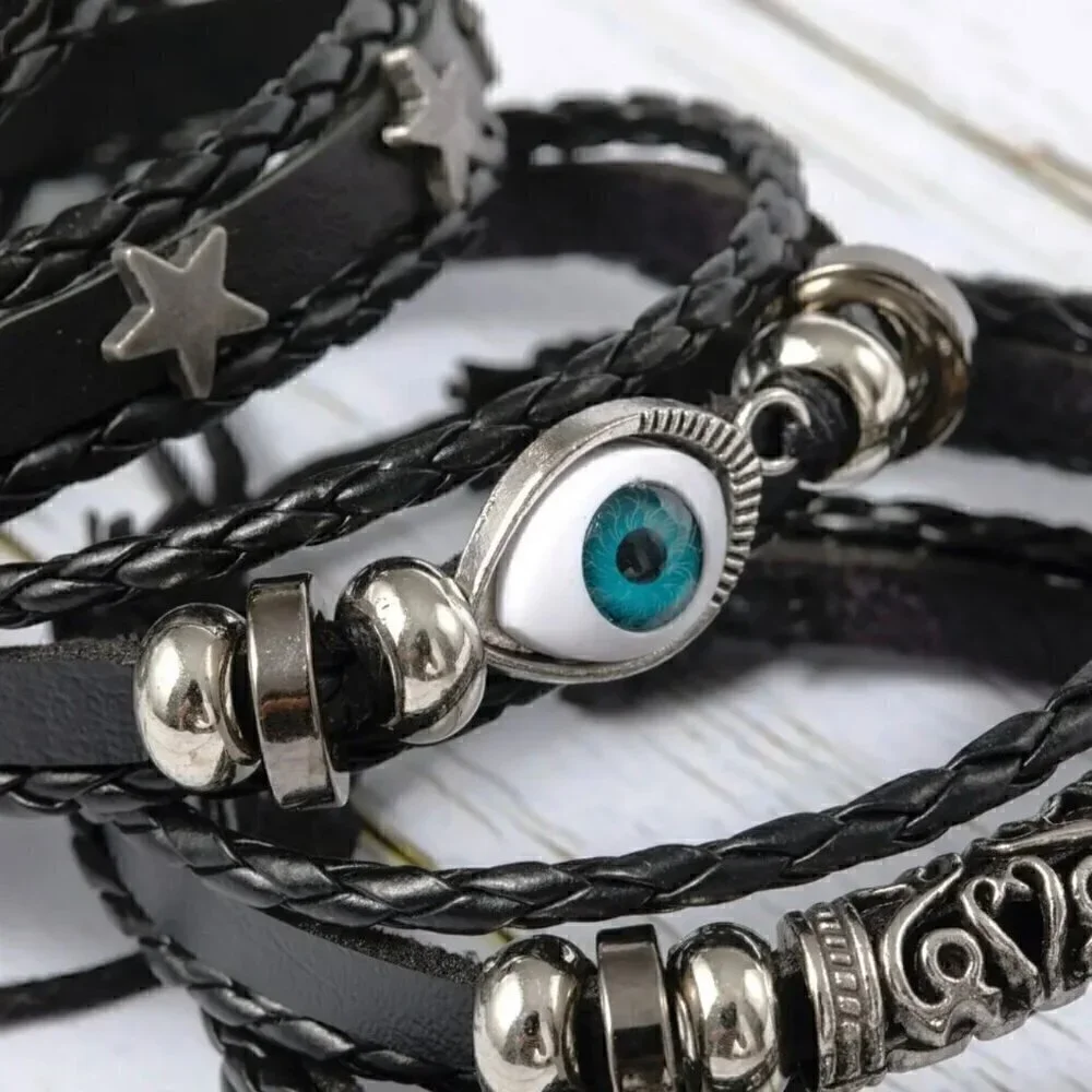 NWT Set Of 5 Black Leather Adjustable Braided Woven Bracelets Chrome Charms